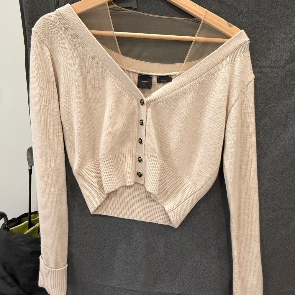Pinko Sheer Panel Cropped V-Neck Cardigan – Beige – XS